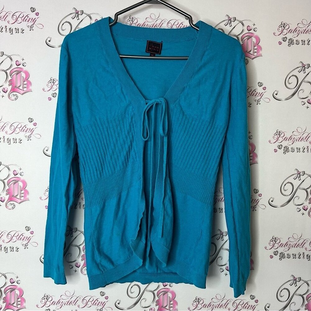 Color works cardigan long sleeve ribbon tie up Teal Women's Top